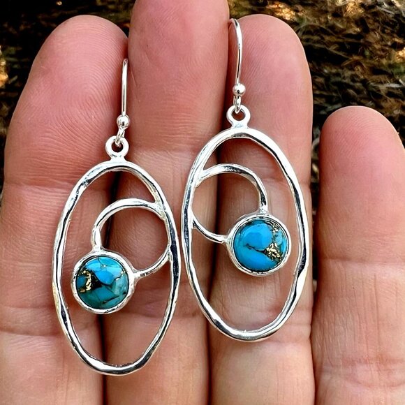 Sundance $158 NEW 1-3/4" Copper Turquoise Sterling Silver Handmade Earrings - Picture 1 of 11